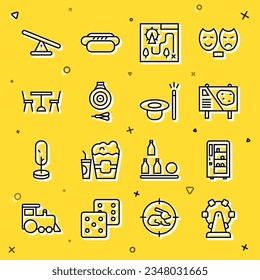 Set line Ferris wheel, Vending machine, Amusement park billboard, map, Classic dart and arrow, Picnic table with chairs, Seesaw and Magic hat wand icon. Vector