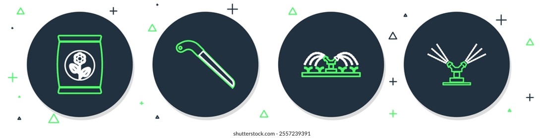 Set line Fertilizer bag, Automatic irrigation sprinklers,  and  icon. Vector