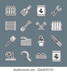 Set line Fertilizer bag, Gardening handmade scissor, fence, shovel,  and Automatic irrigation sprinklers icon. Vector