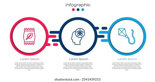 Set line Fertilizer bag, Human head with flower inside and Kite. Business infographic template. Vector