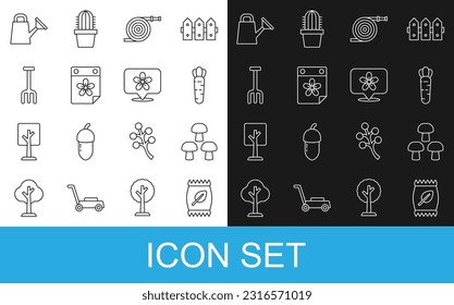 Set line Fertilizer bag, Mushroom, Carrot, Garden hose, Calendar with flower, rake, Watering can and Location icon. Vector