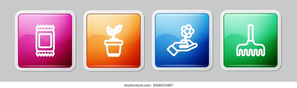 Set line Fertilizer bag, Plant in pot, Hand holding flower and Garden rake. Colorful square button. Vector