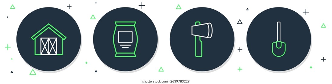 Set line Fertilizer bag, Wooden axe, Farm house and Shovel icon. Vector