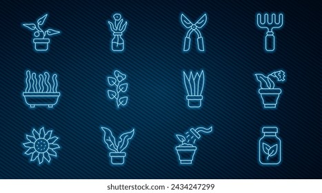 Set line Fertilizer bottle, Flower in pot, Gardening handmade scissors, Ivy branch, Plant,  and glass icon. Vector