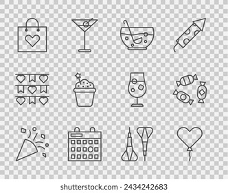 Set line Festive confetti, Balloon in form of heart, Mixed punch bowl, Birthday calendar, Shopping bag with, Cake, Dart arrow and Candy icon. Vector