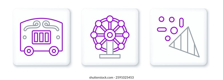 Set line Festive confetti, Circus wagon and Ferris wheel icon. Vector