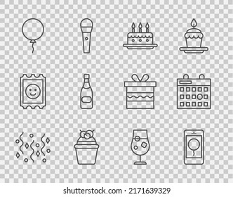 Set line Festive confetti, Mobile with birthday message, Cake burning candles, Balloon ribbon, Champagne bottle, Cocktail alcohol drink and Birthday calendar icon. Vector