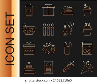 Set line Festive confetti, Plastic bag of drug, Cake, Birthday cake candles, Mixed punch in bowl, Beer and Dart arrow icon. Vector