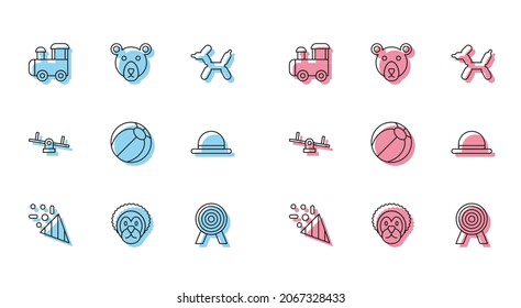 Set line Festive confetti, Wild lion, Toy train, Target, Beach ball, Clown hat, Seesaw and Bear head icon. Vector