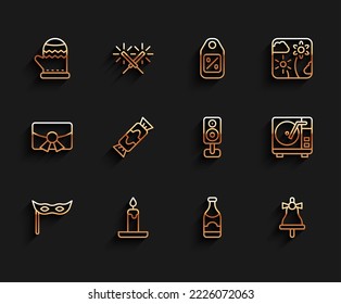 Set line Festive mask, Burning candle, Christmas mitten, Champagne bottle, Merry ringing bell, Candy, Vinyl player with vinyl disk and Stereo speaker icon. Vector
