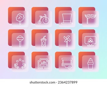 Set line Festive mask, Casino win, Pinwheel toy, Fast street food cart, Paper glass with water, Cylinder hat, Cotton candy and Vintage bicycle icon. Vector