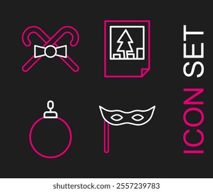 Set line Festive mask, Christmas ball, postcard and candy cane icon. Vector