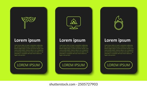 Set line Festive mask, Circus tent and fire hoop. Business infographic template. Vector