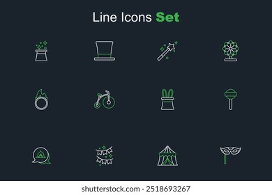 Set line Festive mask, Circus tent, Carnival garland with flags, Lollipop, Magician hat rabbit ears, Vintage bicycle and fire hoop icon. Vector