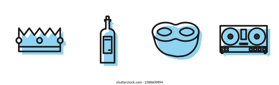 Set line Festive mask , Crown , Bottle of wine  and DJ remote for playing and mixing music  icon. Vector