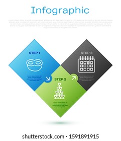 Set line Festive mask , Detailed calendar  and Wine glasses stacked in a pyramid tower . Business infographic template. Vector