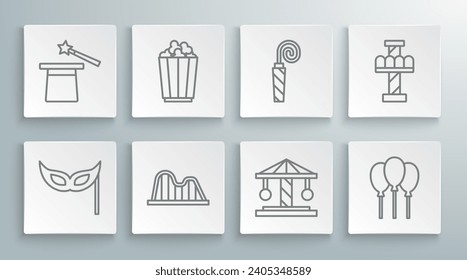 Set line Festive mask, Popcorn in box, Roller coaster, Attraction carousel, Balloons with ribbon, Birthday party horn,  and Magic hat and wand icon. Vector