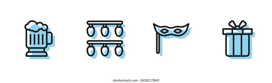 Set line Festive mask, Wooden beer mug, Christmas lights and Gift box icon. Vector