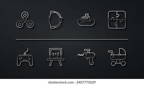 Fija la línea Fidget spinner, Gamepad, piezas de rompecabezas de juguete, Ray gun, Chalkboard, Bow, Baby stroller y el icono del bote de juguete. Vector