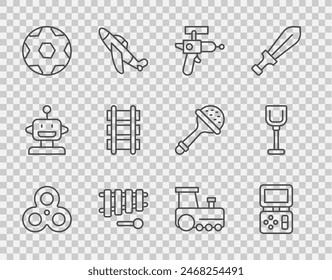 Juego de línea Fidget spinner, juego electrónico Tetris, pistola Ray, Xilófono, balón de fútbol, tren de juguete, tren e icono de juguete de pala. Vector