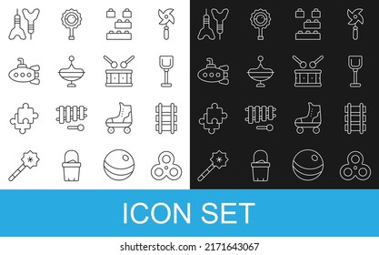 Set line Fidget spinner, Toy railway, Shovel toy, building block bricks, Whirligig, Submarine, Dart arrow and Drum with drum sticks icon. Vector