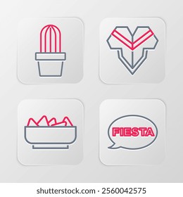 Set line Fiesta, Nachos in bowl, Poncho and Cactus or succulent pot icon. Vector