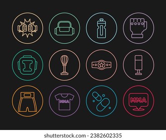 Set line Fight club MMA, Punching bag, Fitness shaker, Boxing helmet, boxing gloves, belt and Sport icon. Vector