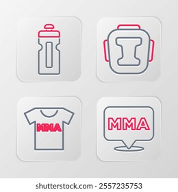 Set line Fight club MMA, T-shirt with fight, Boxing helmet and Fitness shaker icon. Vector