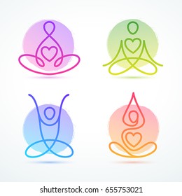 Conjunto de iconos de figuras de línea en poses de loto para gráficos de yoga y bienestar