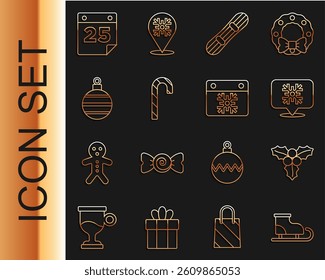 Set line Figure skates, Branch viburnum, Snowflake speech bubble, Snowboard, Christmas candy cane, ball, Calendar and  icon. Vector
