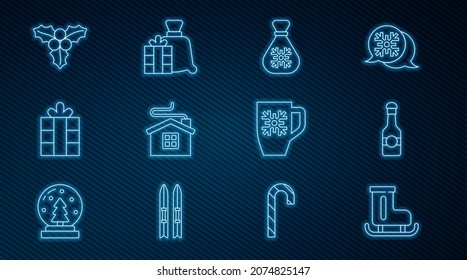 Set line Figure skates, Champagne bottle, Santa Claus bag gift, Merry Christmas house, Gift box, Branch viburnum, Coffee cup with snowflake and  icon. Vector