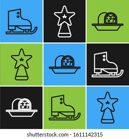 Set line Figure skates, Marzipan sponge cake and Christmas star icon. Vector