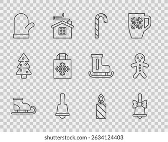 Set line Figure skates, Merry Christmas ringing bell, candy cane, mitten, shopping bag, Burning candle and Holiday gingerbread man cookie icon. Vector