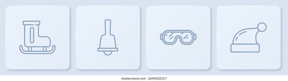 Set line Figure skates, Ski goggles, Merry Christmas ringing bell and Santa Claus hat. White square button. Vector
