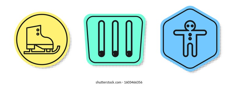 Set line Figure skates, Three rolled sticks of cinnamon and Holiday gingerbread man cookie. Colored shapes. Vector