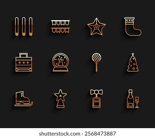 Set line Figure skates, Three rolled sticks of cinnamon, Price tag with an inscription Sale, Champagne bottle and glass champagne, snow globe, tree decorations and Lollipop icon. Vector