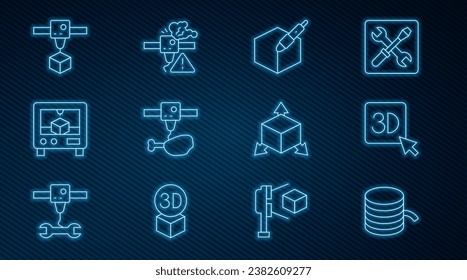 Fijar el Filamento de línea para impresora 3D, herramienta de lápiz 3d, pierna de pollo, cubo, Isometric e icono de advertencia. Vector