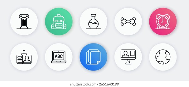 Definir linha Documento de arquivo, Relógio despertador, Crachá de identificação, Classe online, Molécula, Tubo de teste, globo terrestre e ícone Laptop. Vetor