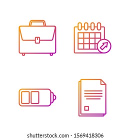 Set line File document, Battery charge level indicator, Briefcase and Calendar. Gradient color icons. Vector