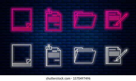 Set line File document and binder clip, Document folder, File document and Blank notebook and pen. Glowing neon icon on brick wall. Vector