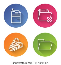 Set line File document and binder clip, Delete folder, Paper clip and Document folder. Color circle button. Vector