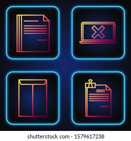 Set line File document and binder clip, Envelope, File document and Laptop and cross mark on screen. Gradient color icons. Vector