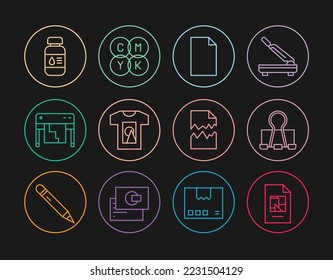 Set line File document, Binder clip, Empty, T-shirt, Plotter, Printer ink bottle, Torn and CMYK color mixing icon. Vector