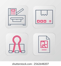 Set line File document, Binder clip, Carton cardboard box and Copy machine icon. Vector