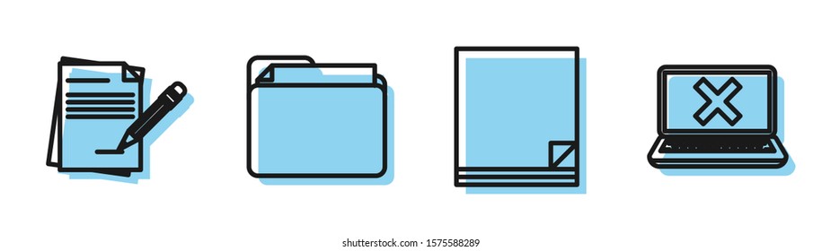 Set line File document, Blank notebook and pencil with eraser, Document folder and Laptop and cross mark on screen icon. Vector