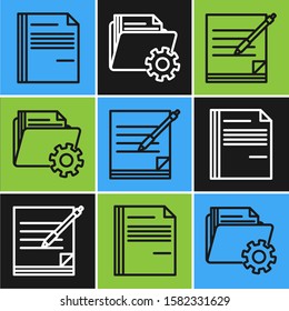 Set line File document, Blank notebook and pen and Folder settings with gears icon. Vector