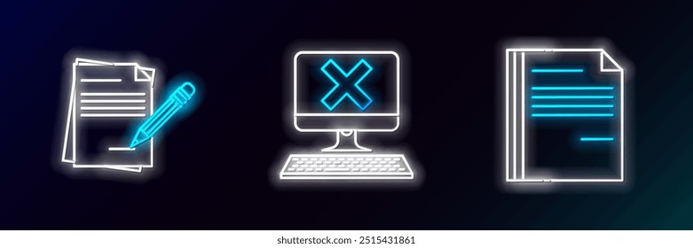 Set line File document, Blank notebook and pencil with eraser and Computer keyboard x mark icon. Glowing neon. Vector