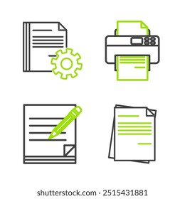 Definir linha Documento de arquivo, bloco de anotações em branco e lápis com borracha, Impressora e configurações do documento ícone de engrenagens. Vetor