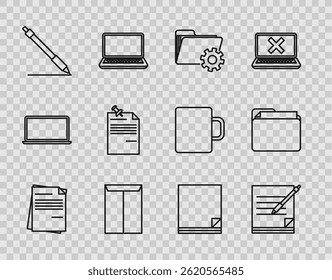 Set line File document, Blank notebook and pen, Folder settings with gears, Envelope, Pen line, Note paper pinned pushbutton,  and Document folder icon. Vector - Powered by Shutterstock - Get 15% off with code: PIKWIZARD15