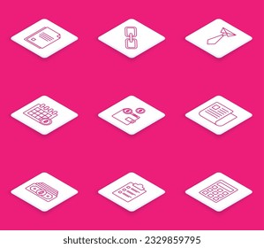 Set line File document, Chain link, Tie, Financial calendar, Wallet with coins, Stacks paper money cash and Clipboard checklist icon. Vector